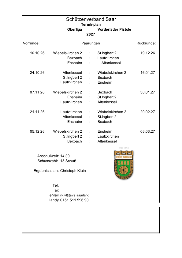 Paarungen VL 25m Oberliga