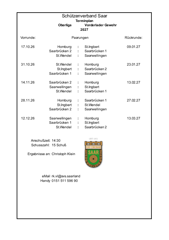 Paarungen VL 50m Oberliga